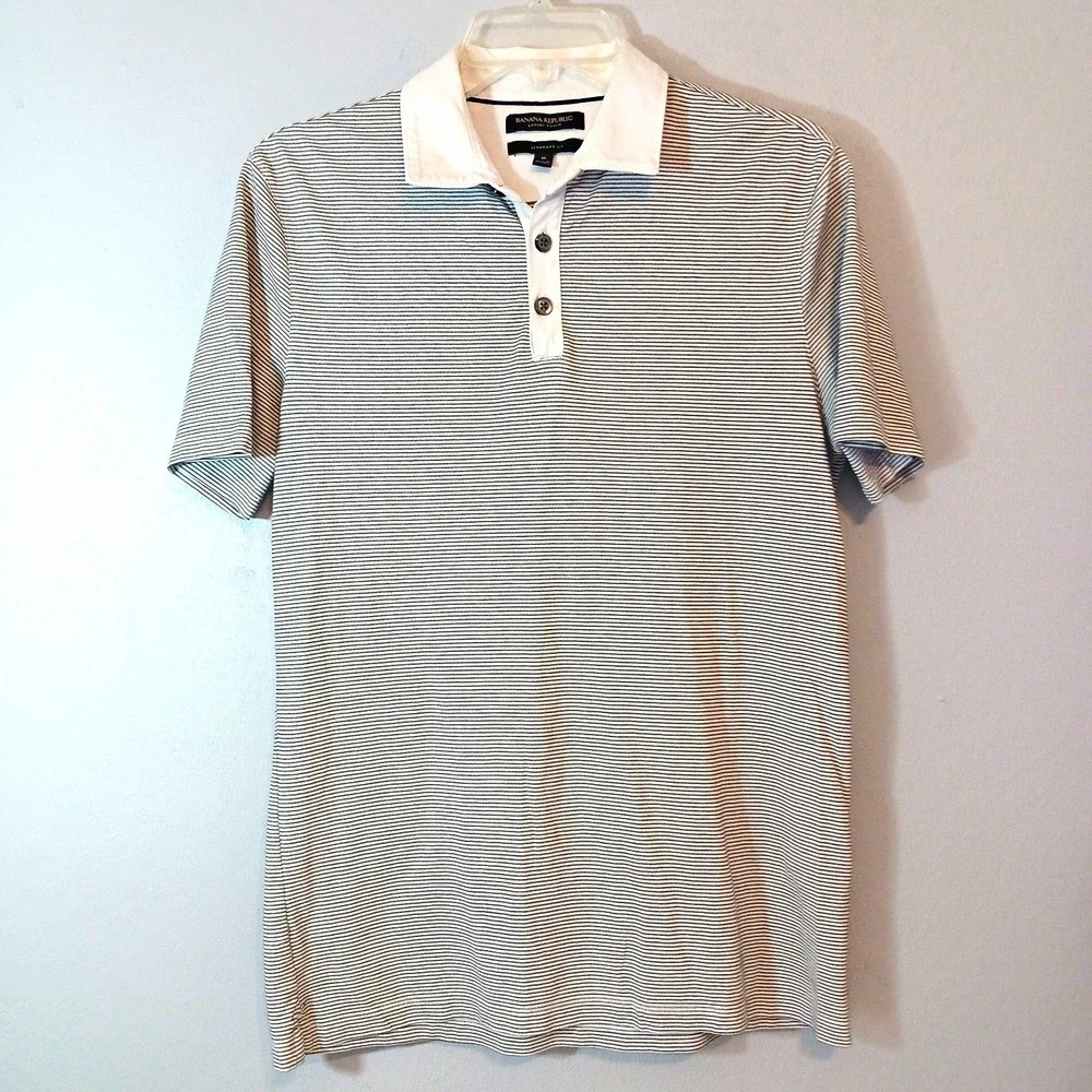 Banana Republic Luxury Touch Men's Black/White Striped Short Sleeve Polo M